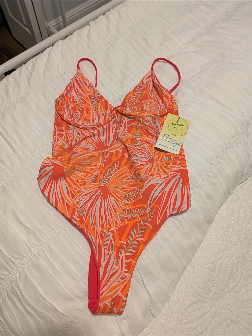 NWT Maaji Orange & Pink Tropical Floral Reversible One-Piece Swimsuit, Large